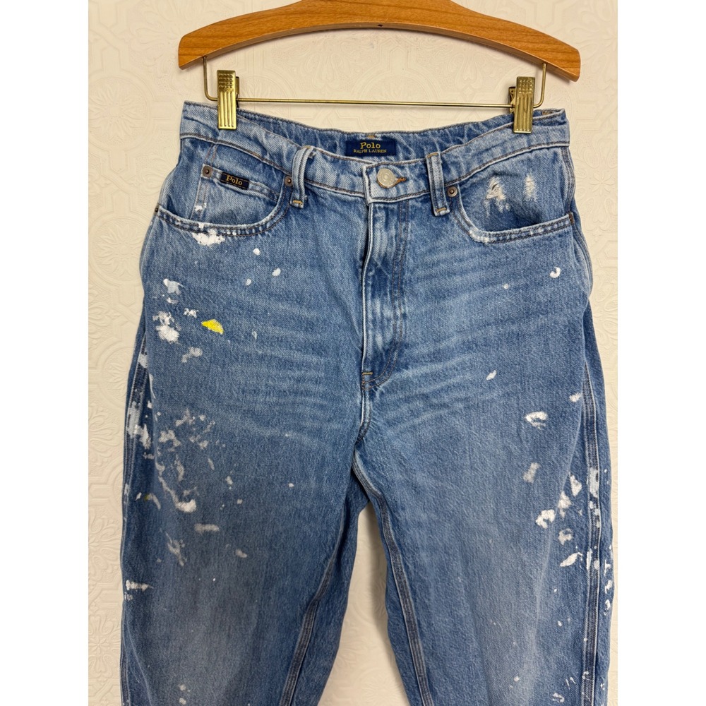 Polo Ralph Lauren Paint Splatter Curved Tapered Leg Jeans Womens Blue High Rise - Picture 3 of 10